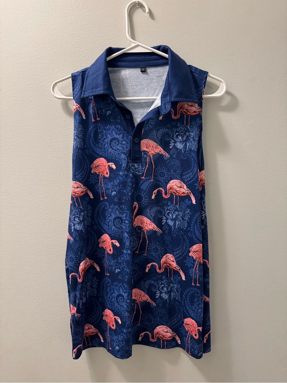 Navy Polo with Pink Flamingo Print